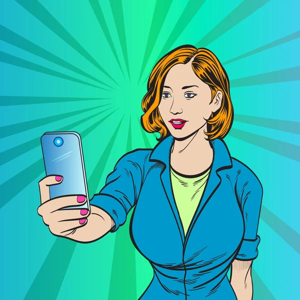美しい若い女性がSnsのスマートフォンで自撮り写真を撮っています ポップアートベクトルのイラスト 背景から分離された画像 — ストックベクタ