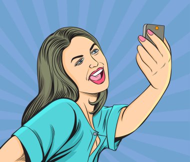 Sosyal medya ağlarında akıllı telefondan selfie çeken güzel genç kadınlar. Pop sanat vektör illüstrasyonu. Resim arkaplandan ayrıldı