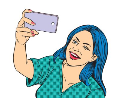 Sosyal medya ağlarında akıllı telefondan selfie çeken güzel genç kadınlar. Beyaz arkaplanda pop sanat vektörü çizimi.