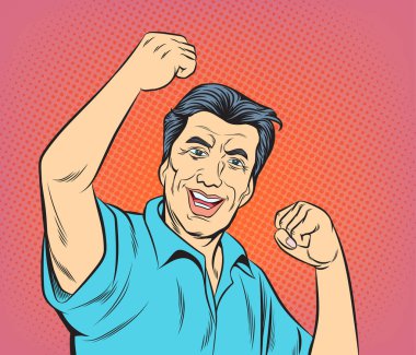 İş adamı sevinç gösterdi, gülümsedi ve yumruğunu kaldırdı. Pop art retro vektör illüstrasyon çizgi romanı. İnsanların resimlerini arkaplandan ayır.