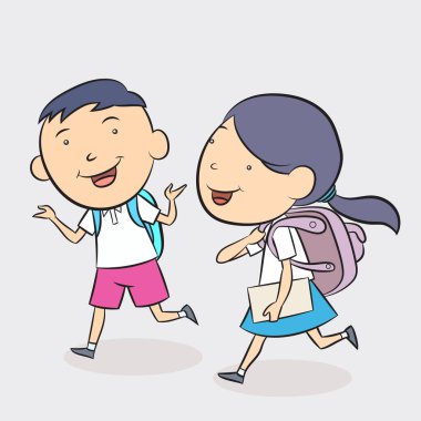 Okul çocukları yürüyor ve konuşuyor. el çizimi biçim vektör tasarımı çizimleri.