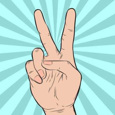 Sağ el iki parmak gösteriyor. Pop Art retro illüstrasyon karikatür biçimi Vektörü