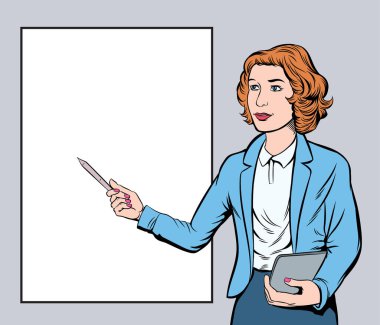 İş kadınları beyaz tahtayı boş sunar. Pop Art Hand çizilmiş biçim vektör tasarımı çizimi