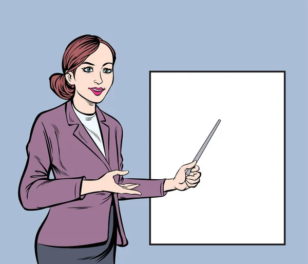 ビジネス女性はホワイトボードのブランクを提示します ポップアート手描きベクトルデザインイラスト — ストックベクタ