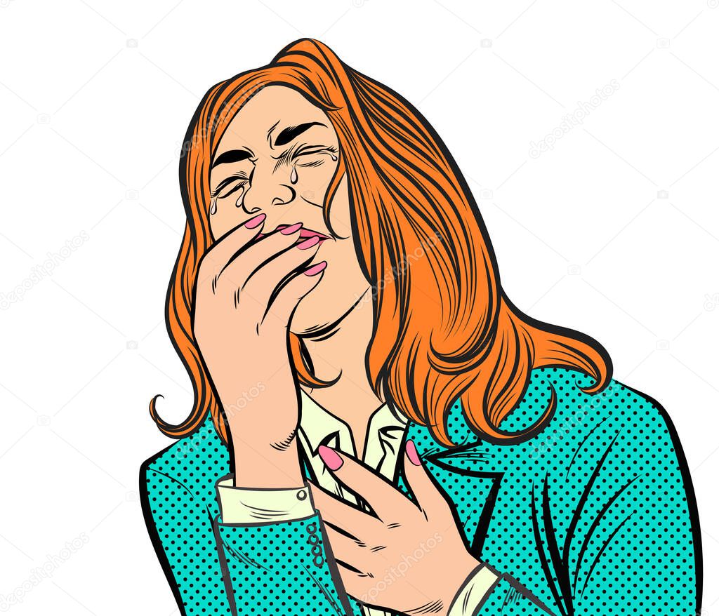 Crying woman with eyes closed. Pop art vector illustration on a white background.