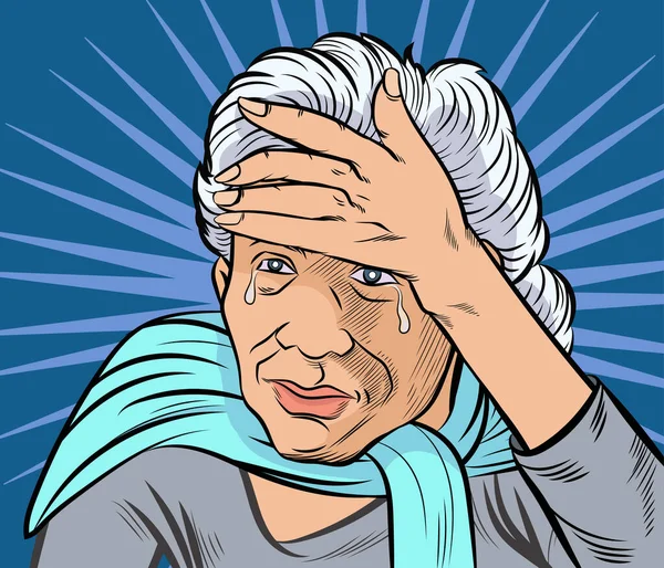 Staruszka Płakała Trzymając Rękę Czoło Pop Art Wektor Ilustracji — Wektor stockowy