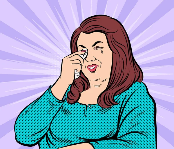 Gruba Kobieta Płacze Wycierając Łzy Ręcznikiem Pop Art Wektor Ilustracji — Wektor stockowy