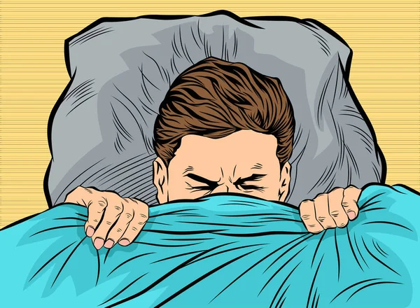 Uomo Dormiva Con Gli Occhi Nel Panico Tirò Coperta Sopra — Vettoriale Stock
