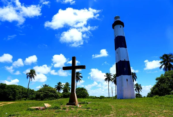 Biała Czarna Latarnia Morska Porto Pedras Alagoas Brazylia — Zdjęcie stockowe