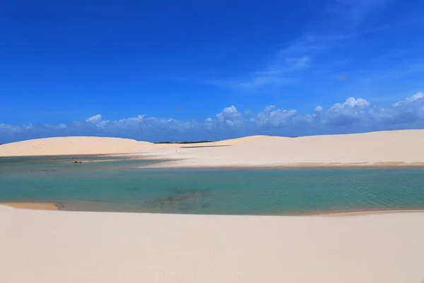 巴西马兰豪Lencois Maranhenses国家公园绿松石泻湖和白沙沙丘的美丽风景 图库图片