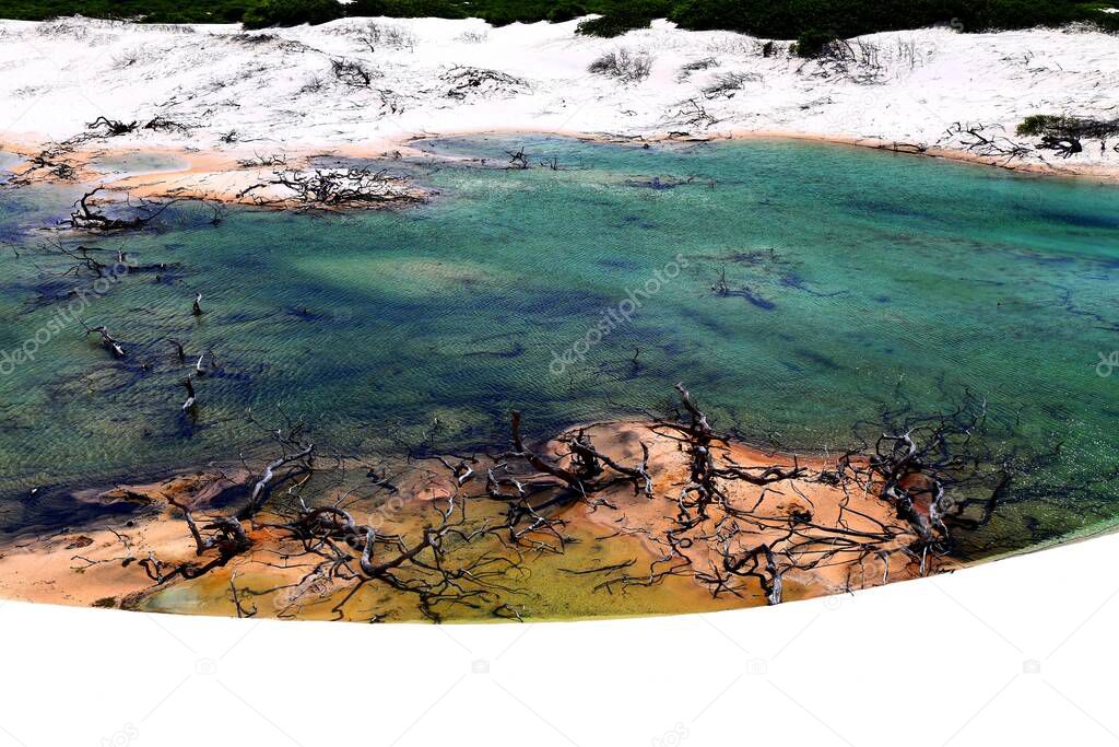 Beautiful landscape of turquoise lagoons and white sand dunes in the national park of Lencois Maranhenses, Maranhao, Brazil