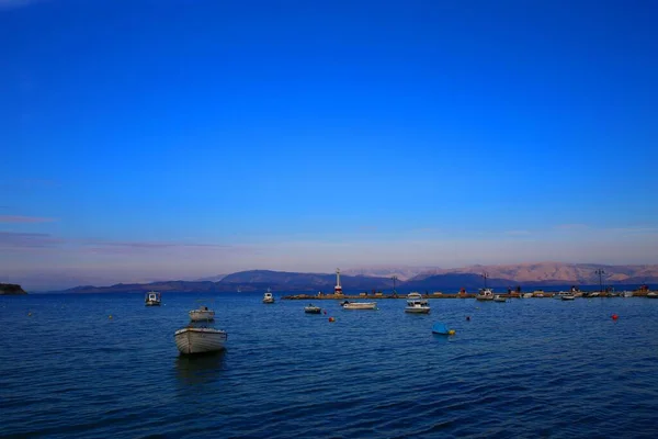 Blue Sky Paeceful Bay Corfu Town Sunset Greece — Stock Photo, Image