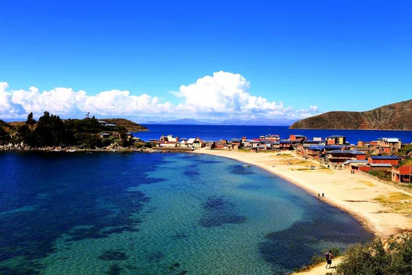 Mulher Com Burro Vista Panorâmica Lago Titicaca Isla Del Sol — Fotografia de Stock