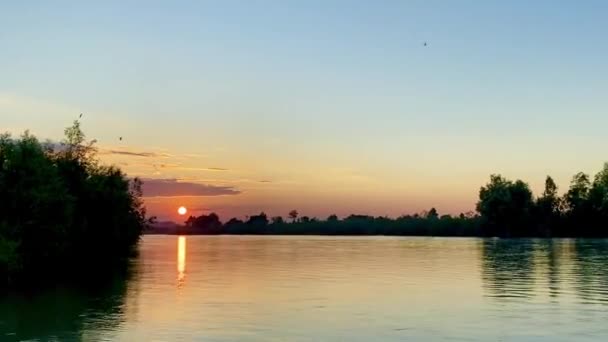Όμορφο Χρυσό Ηλιοβασίλεμα Πάνω Από Χωράφια Και Ποτάμι — Αρχείο Βίντεο