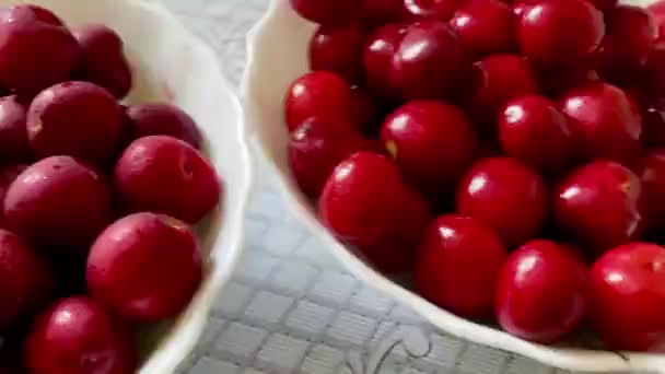 Two Pots Full Red Sour Cherry Fruits — Vídeo de stock