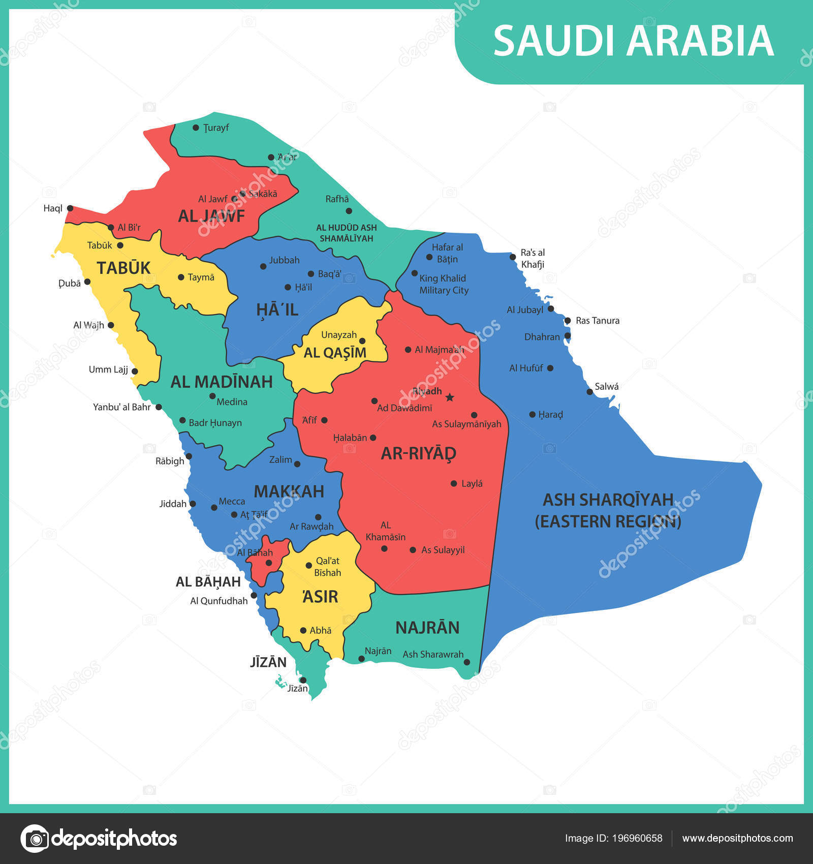 Detailed Map Saudi Arabia Regions States Cities Capitals Stock