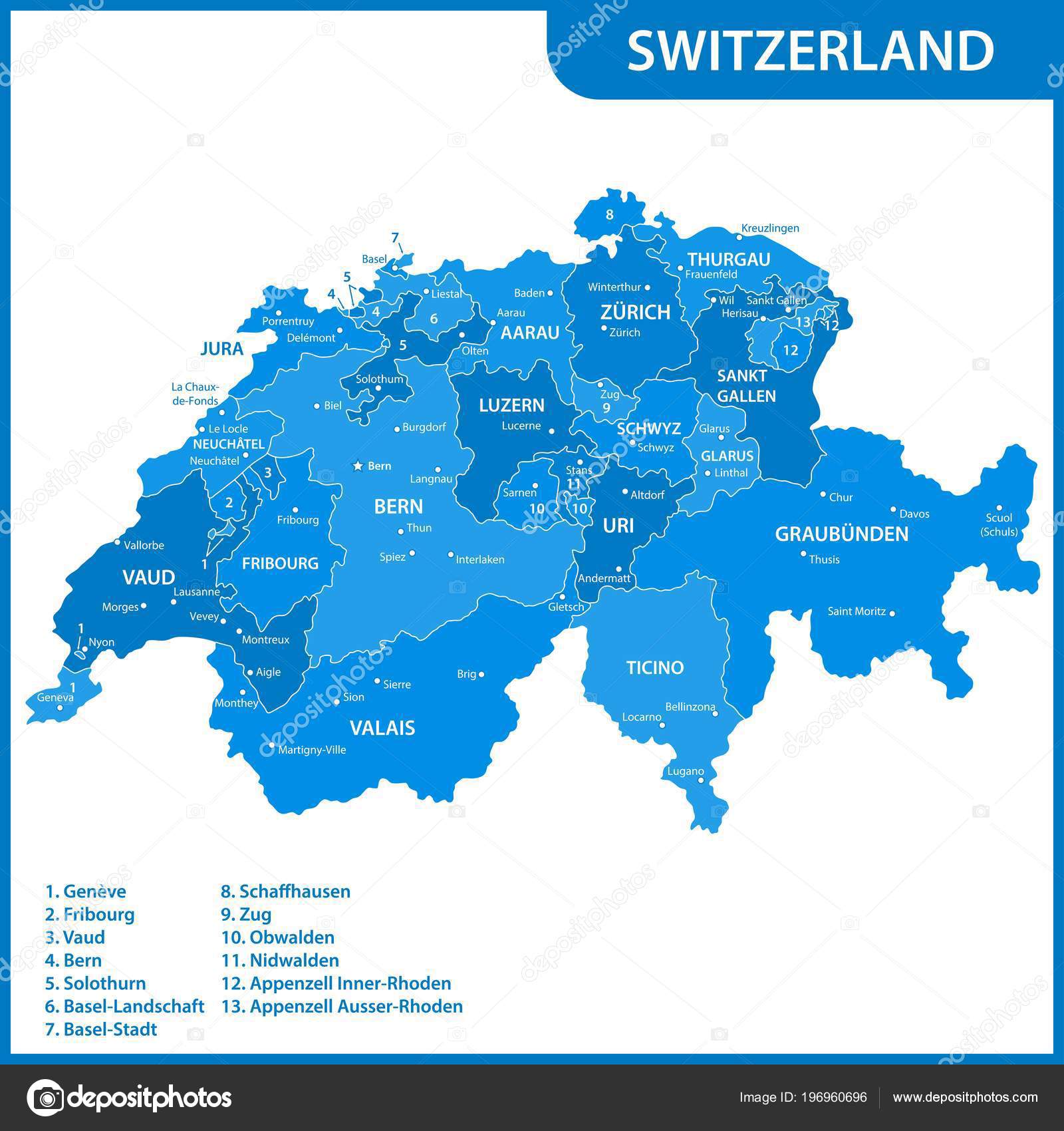 podrobná mapa švýcarska Podrobná Mapa Švýcarska Regiony Státy Města Capitals — Stock  podrobná mapa švýcarska