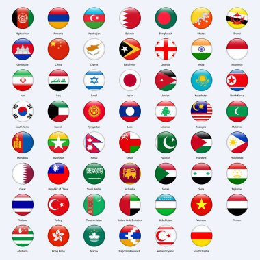 Tüm bayraklar Asya ülkeleri. Yuvarlak parlak stili.