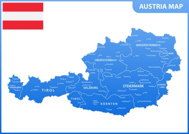 Bölgeler veya Birleşik ve şehirler, sermaye, ulusal bayrak ile Avusturya detaylı Haritası