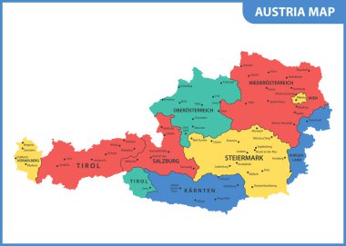 Bölgeler veya Birleşik ve şehirler, sermaye ile Avusturya detaylı Haritası