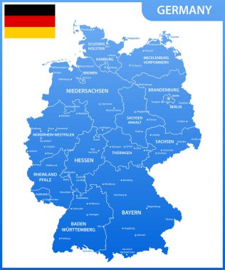 Almanya bölgeleri veya Birleşik ve şehirler, başkentleri, ulusal bayrak ile detaylı Haritası