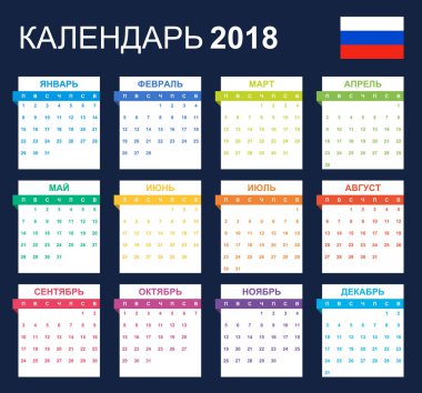 Rus takvim için 2018. Zamanlayıcı, gündem veya günlüğü şablonu. Hafta Pazartesi günü başlar