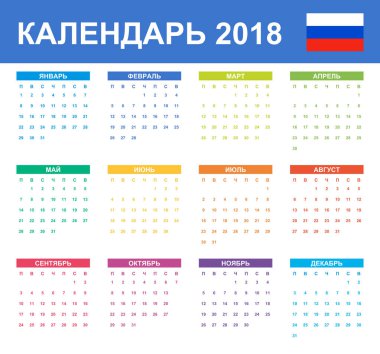 Rus takvim için 2018. Zamanlayıcı, gündem veya günlüğü şablonu. Hafta Pazartesi günü başlar