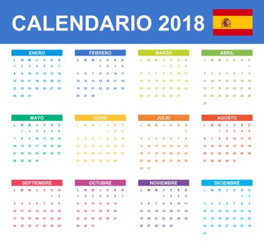 İspanyol takvim için 2018. Zamanlayıcı, gündem veya günlüğü şablonu. Hafta Pazartesi günü başlar