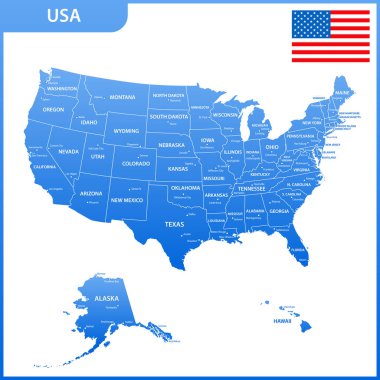 ABD bölgeleri veya Birleşik ve şehirler, sermaye ile detaylı haritası. Amerika Birleşik Devletleri ulusal bayrak ile