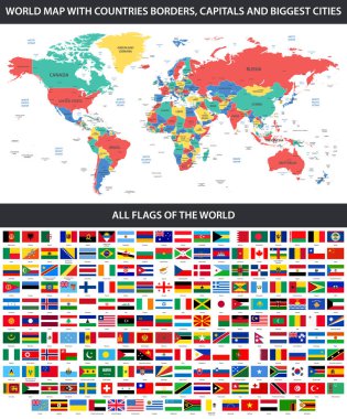 Alfabetik ve detaylı dünya haritası sınırları, ülkeler, büyük şehirler ile dünyanın tüm bayraklar