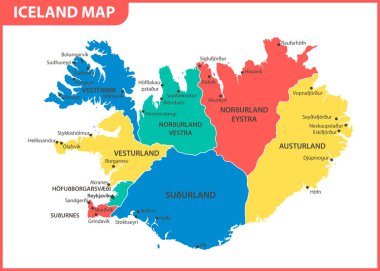 İzlanda detaylı Haritası bölgeler veya Birleşik ve şehirler, sermaye ile. Yönetim Bölümü