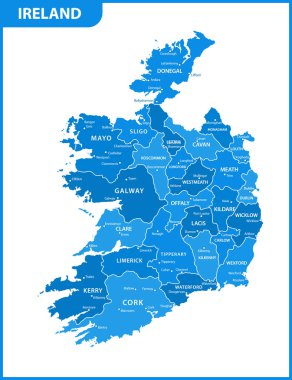The detailed map of the Ireland with regions or states and cities, capitals clipart