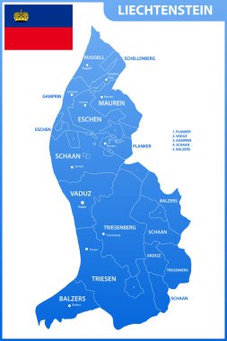 Liechtenstein detaylı Haritası bölgeler veya Birleşik ve şehirler, büyük harfler ile. Yönetim Bölümü