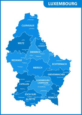 Bölgeler veya Birleşik ve şehirler, büyük harfler ile Lüksemburg detaylı haritası. Yönetim Bölümü