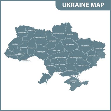 Ukrayna detaylı Haritası bölgeler veya Birleşik. Yönetim bölümü. Kırım'da, Donetsk ve Lugansk bölgeleri parçası tartışmalı bir bölge olarak işaretlenir