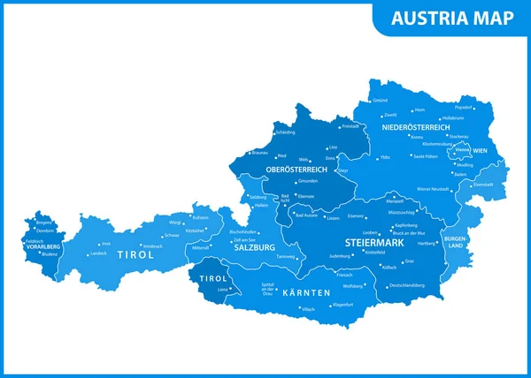 Mappa Dettagliata Dell Austria Con Regioni Stati Città Capitale — Vettoriale Stock