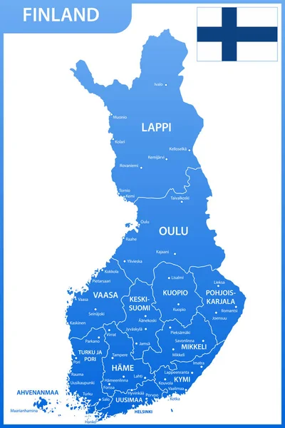 Mappa Dettagliata Della Finlandia Con Regioni Stati Città Capitali Bandiera — Vettoriale Stock