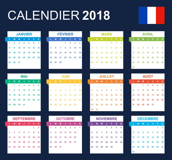 フランス 2018年の暦 スケジューラ 議題や日記のテンプレートです 週の開始日 月曜日 — ストックベクタ