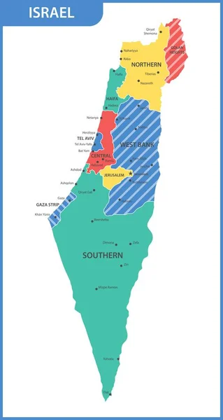 Podrobná Mapa Izraele Regiony Státy Města Capitals — Stockový vektor