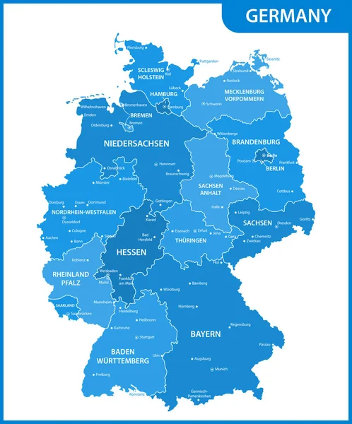 Mapa Detallado Alemania Con Regiones Estados Ciudades Capitales — Vector de stock