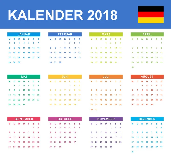 Niemiecki Kalendarz 2018 Harmonogram Agendy Lub Dziennik Szablon Tydzień Rozpoczyna — Wektor stockowy