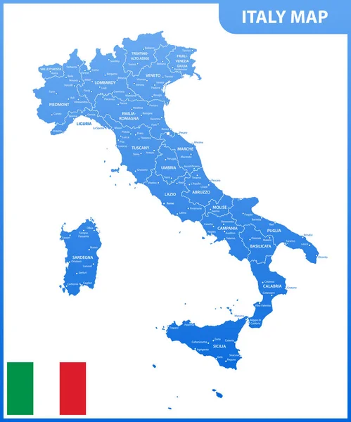 Mappa Dettagliata Dell Italia Con Regioni Stati Città Capitale Bandiera — Vettoriale Stock