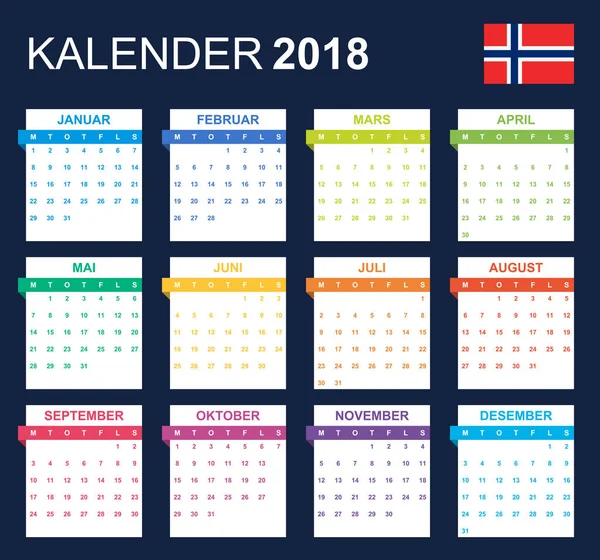 2018 のノルウェーのカレンダーです スケジューラ 議題や日記のテンプレートです 週の開始日 月曜日 — ストックベクタ