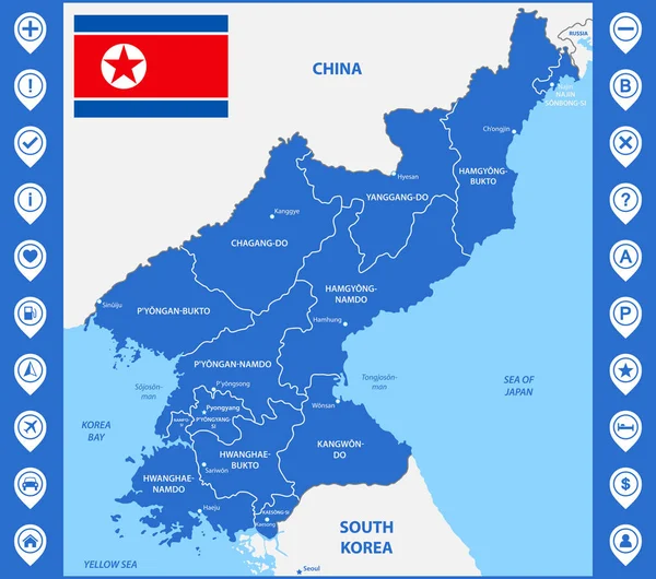 Mapa Detalhado Coreia Norte Com Regiões Estados Cidades Capital Incluído —  Vetores de Stock