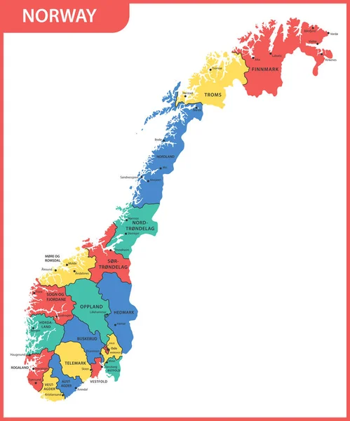 Mapa Detalhado Noruega Com Regiões Estados Cidades Capitais —  Vetores de Stock
