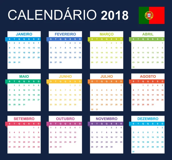 Calendário Português Para 2018 Programador Agenda Modelo Diário Semana Começa —  Vetores de Stock
