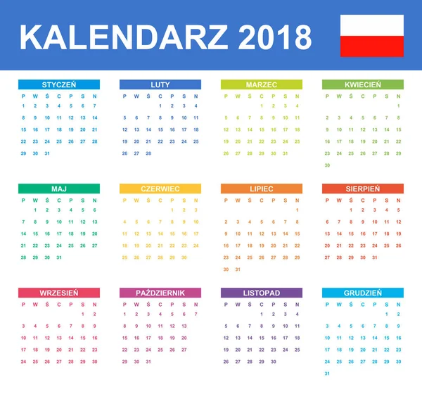 Polski Kalendarz 2018 Harmonogram Agendy Lub Dziennik Szablon Tydzień Rozpoczyna — Wektor stockowy