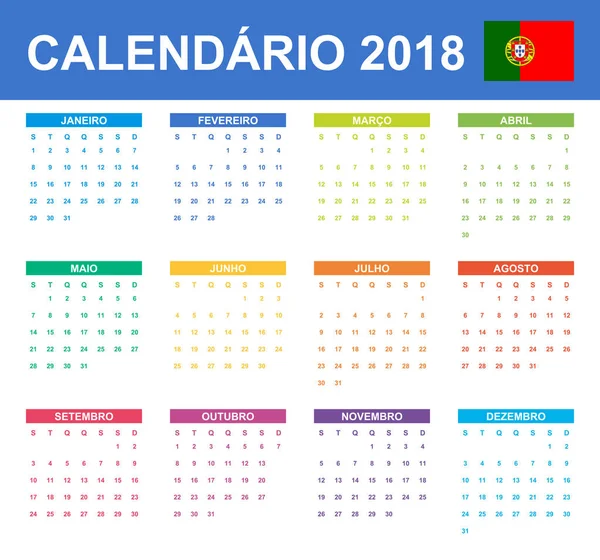 Calendário Português Para 2018 Programador Agenda Modelo Diário Semana Começa —  Vetores de Stock