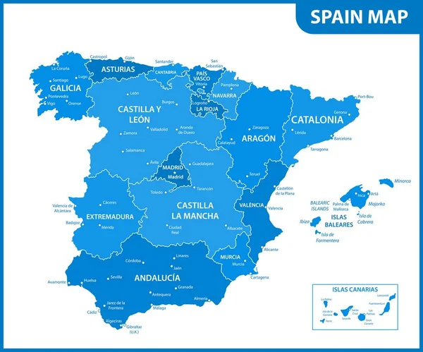 地域または州と都市 首都のスペインの詳細地図 — ストックベクタ