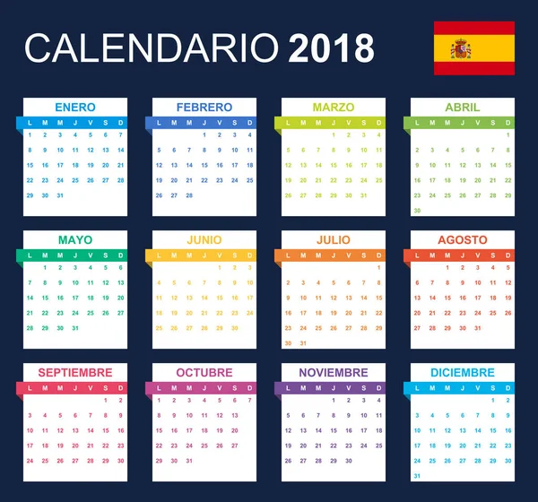 2018 的西班牙日历 调度程序 议程或日记模板 周从星期一开始 — 图库矢量图片